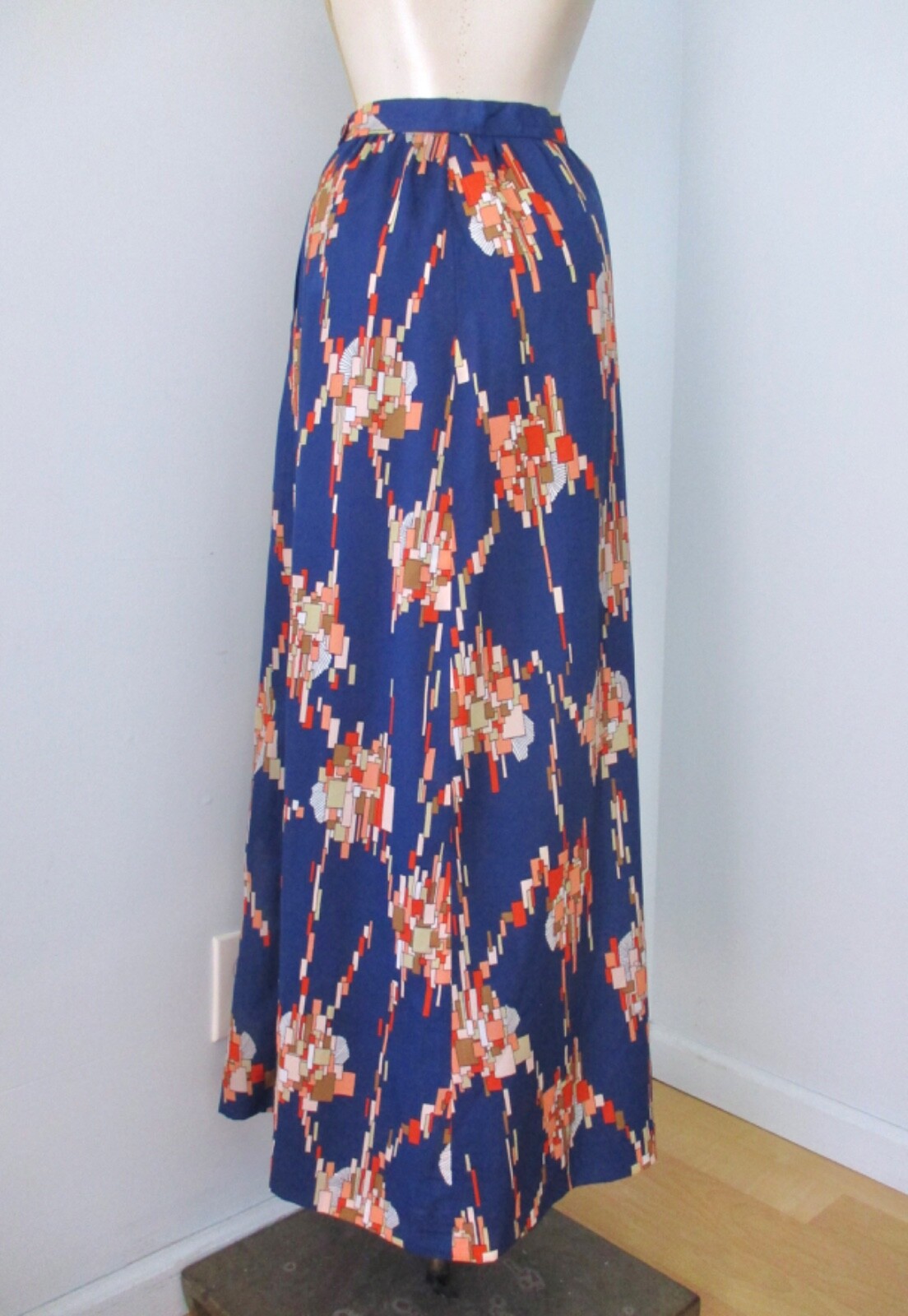 Vtg 70s Alex Coleman Blue Coral Geometric Poly Chiffon Maxi Hostess Skirt 24 in.