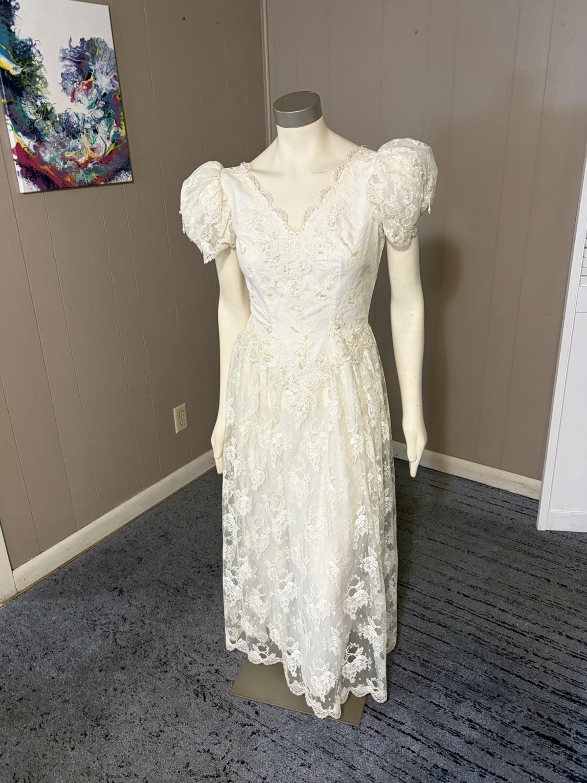1990’s Puff Sleeve Lace Midi Wedding Dress Cottage Core Sz 12