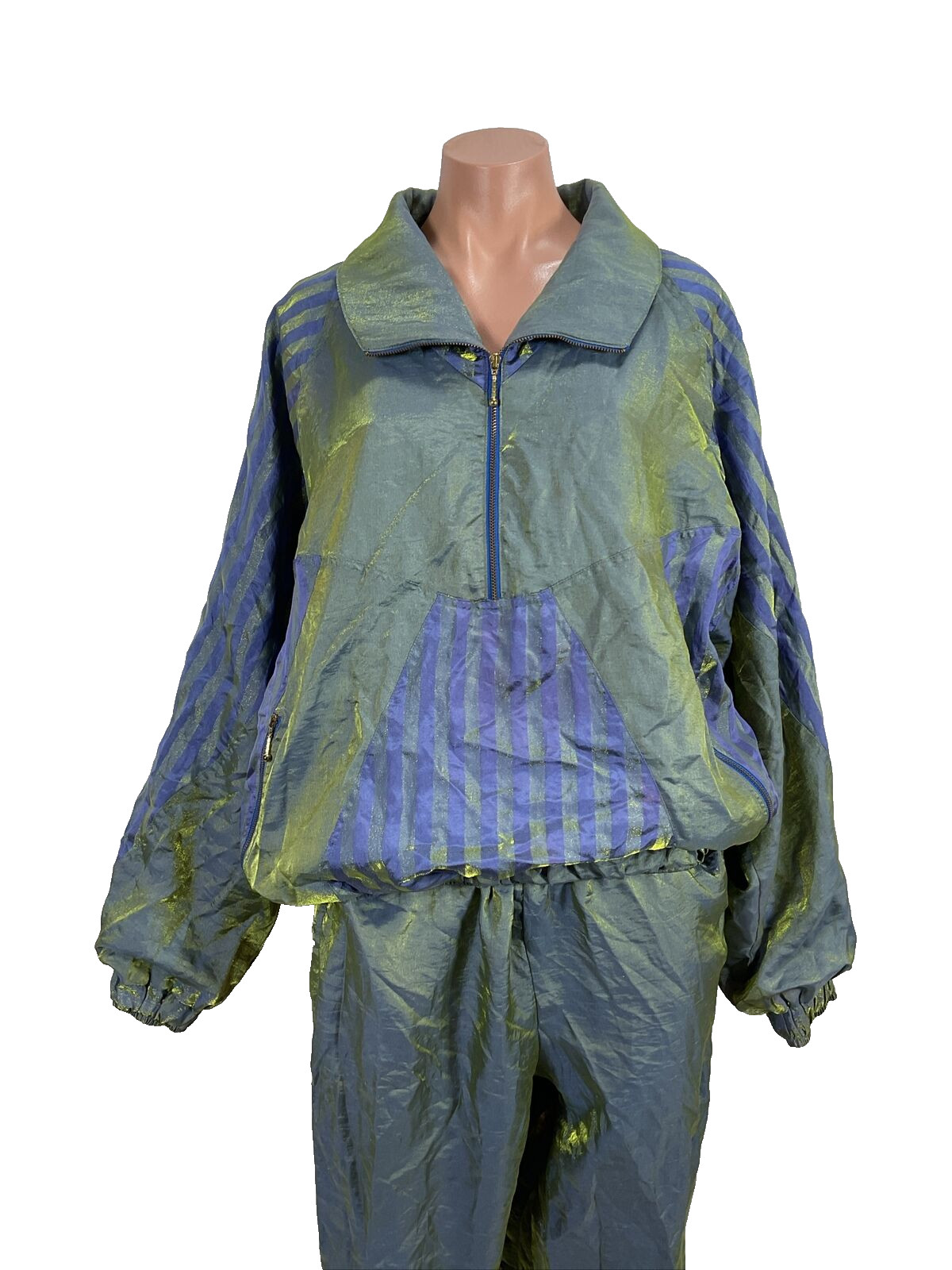 80s 90s Shiny iridescent Purple Green Tracksuit Jacket Pants Vintage L Striped
