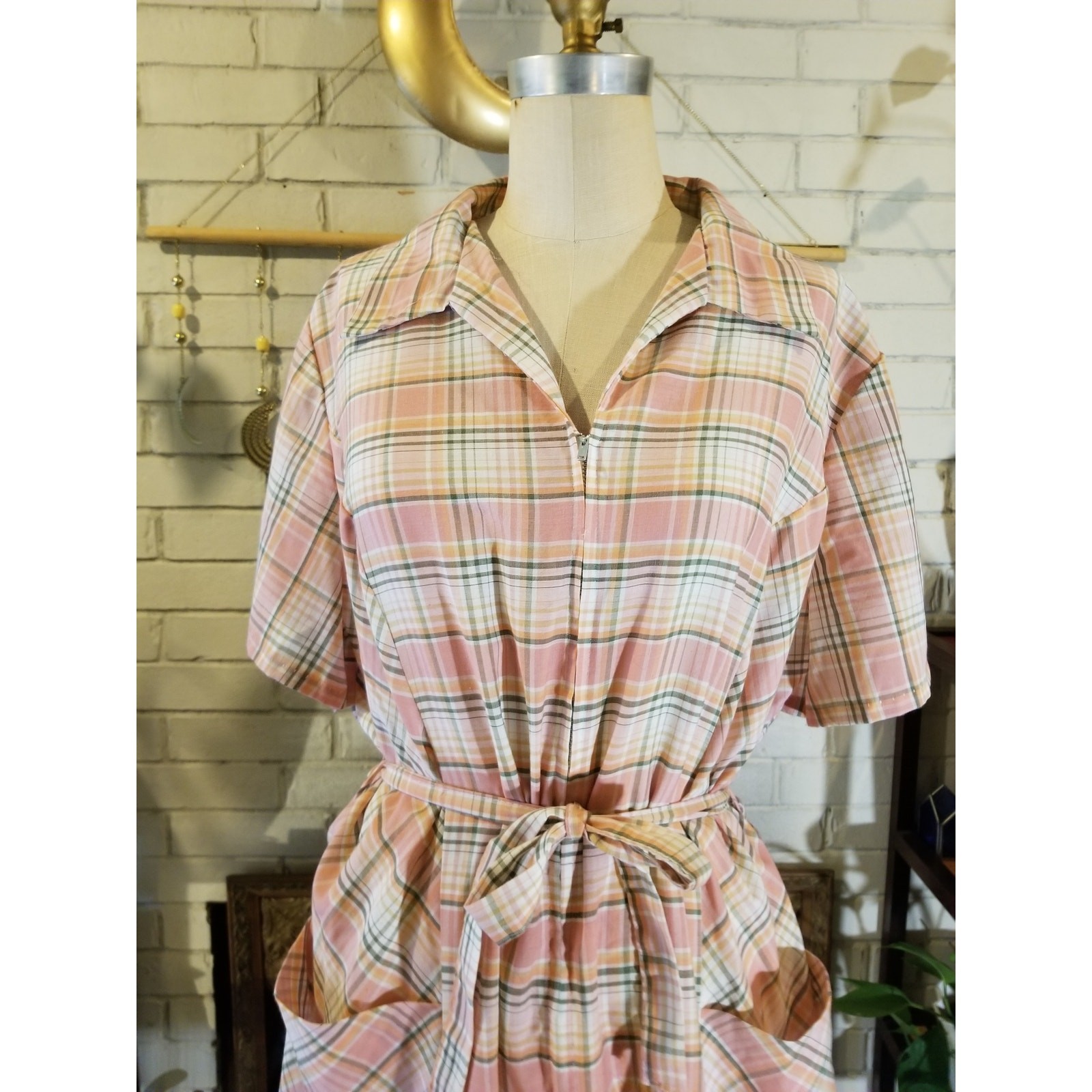Vintage 70s Sears Pink Plaid Zip Front House Dress Pocket Belted XL 1X