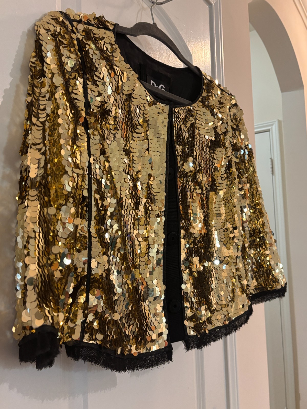 RARE 90s VTG D&G Dolce Gabbana Gold Sequin Jacket Black Trim Italy 40 COA Small
