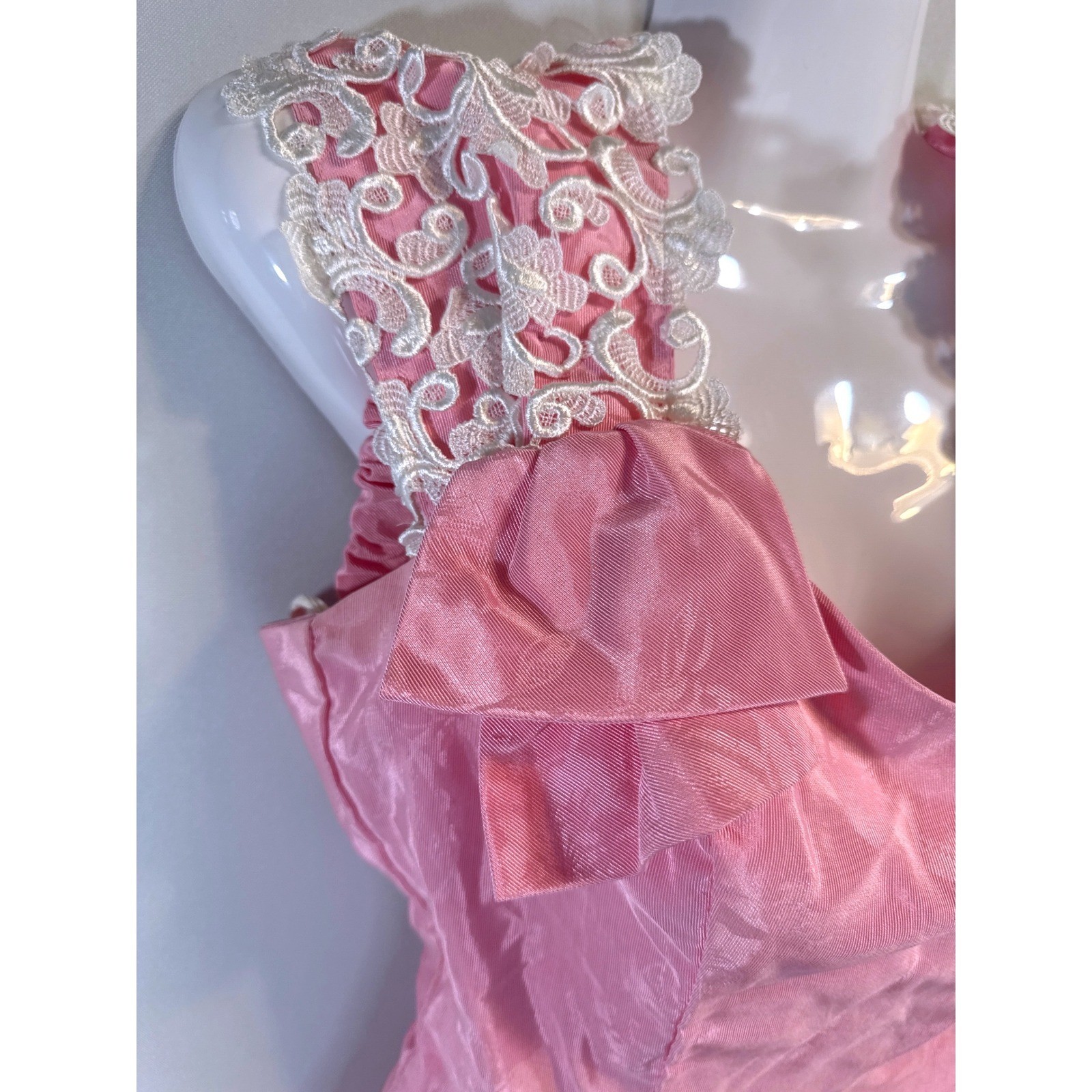 Vintage Alfred Angelo Floral Jacquard Midi Dress Lace Trim Basque Waist 80s XS