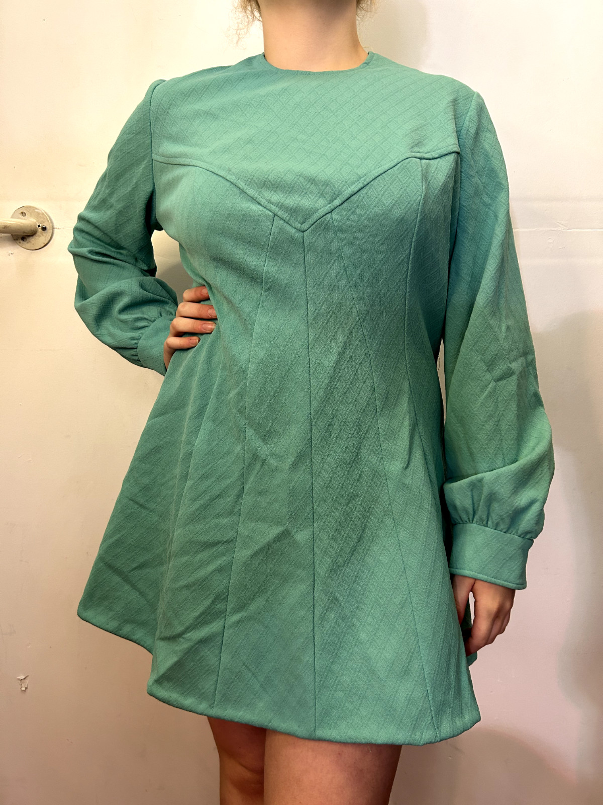 Vintage MODERN STYLE 1980s 60s Teal A-Line Mini Dress Crimplene Mod Go-go AU 14