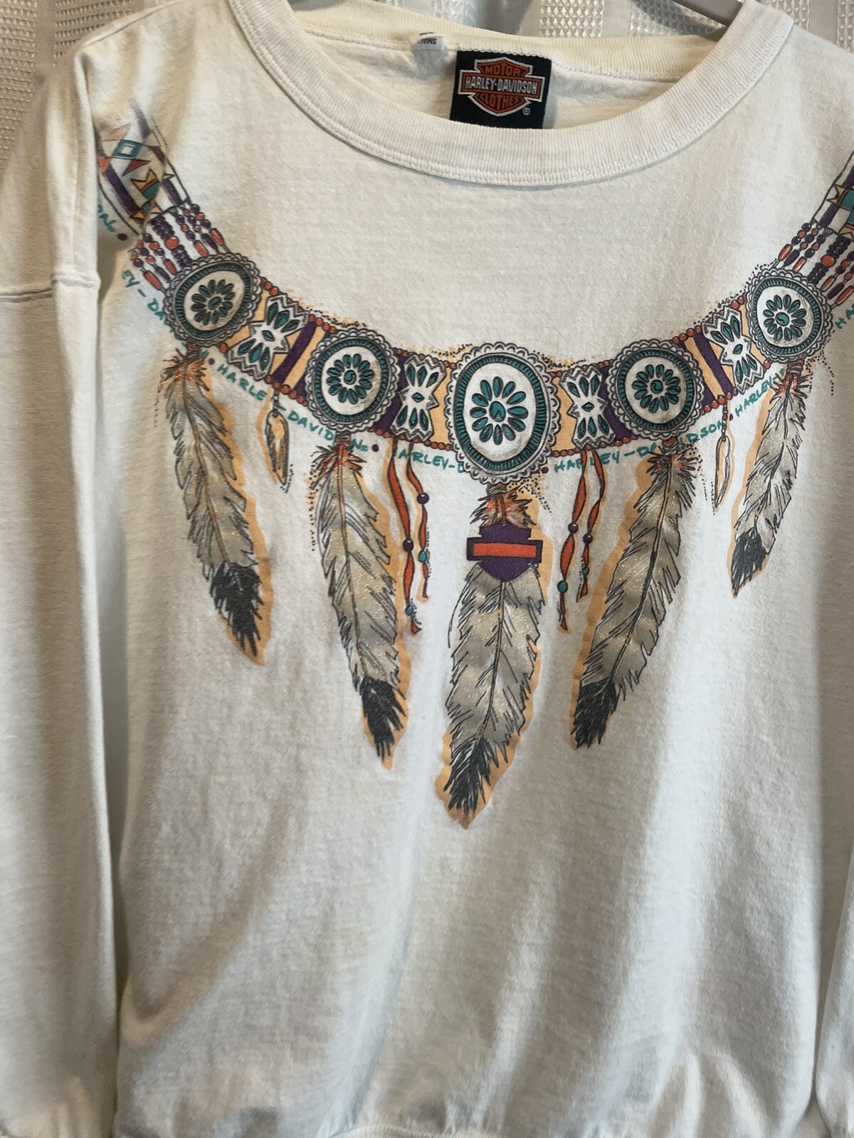 Vintage Harley Davidson Long Sleeve Size Medium Native Feather Print Bloomington