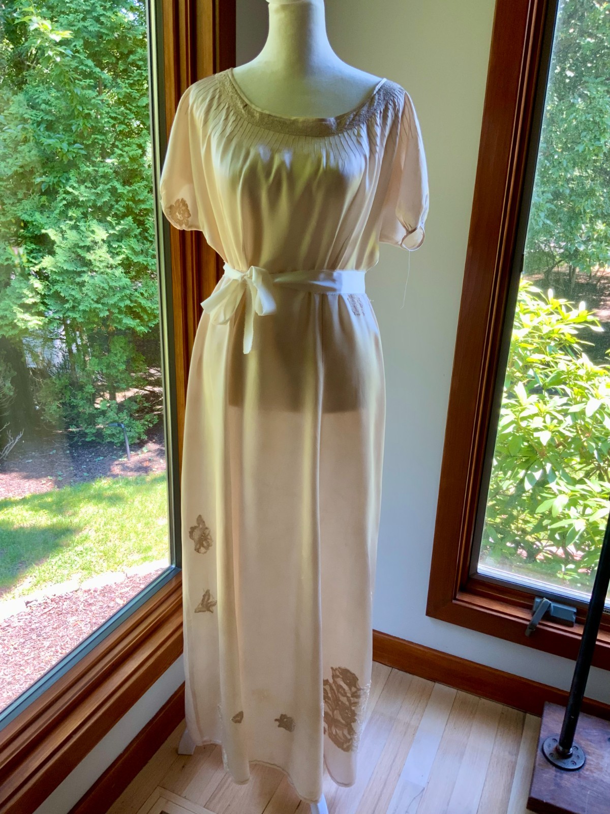1930s Tea Dyed Silk Gown | Restored Antique Silk Lounge Dress | Lace Appliqué