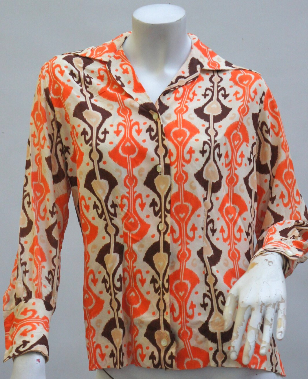 Vintage 60s Orange & Brown Damask Print Blouse Down Shirt Boho Retro Hippie