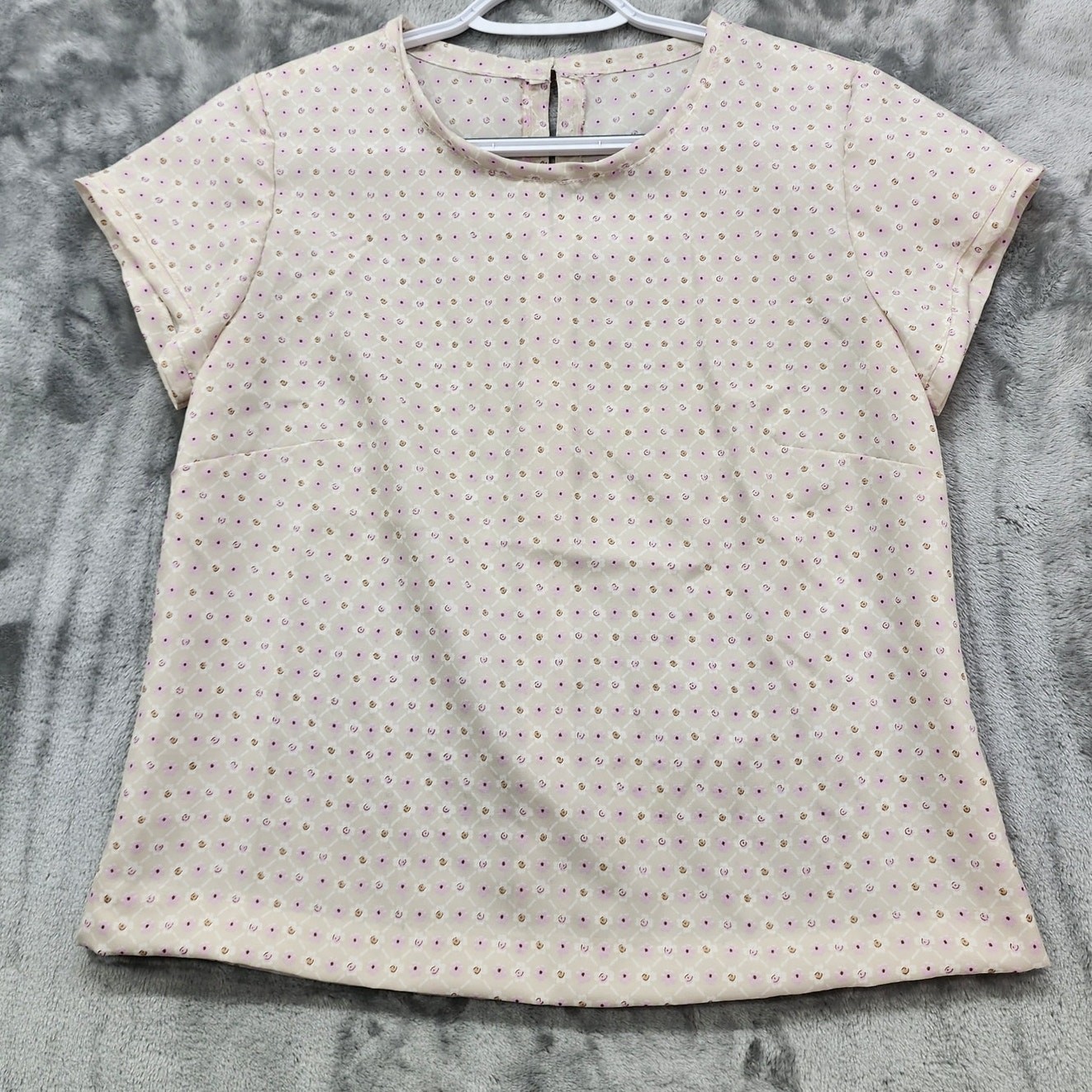 Vintage Top Womens S Pink Floral Short Sleeve Crew Neck Back Button Sweet Girly