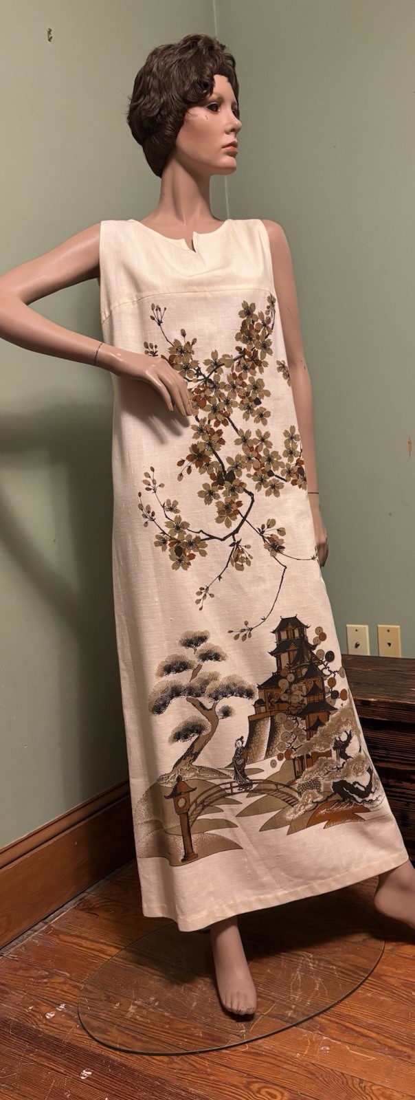 Vintage Alfred Shaheen Asian Inspired Hand Printed PAGODA Maxi Dress