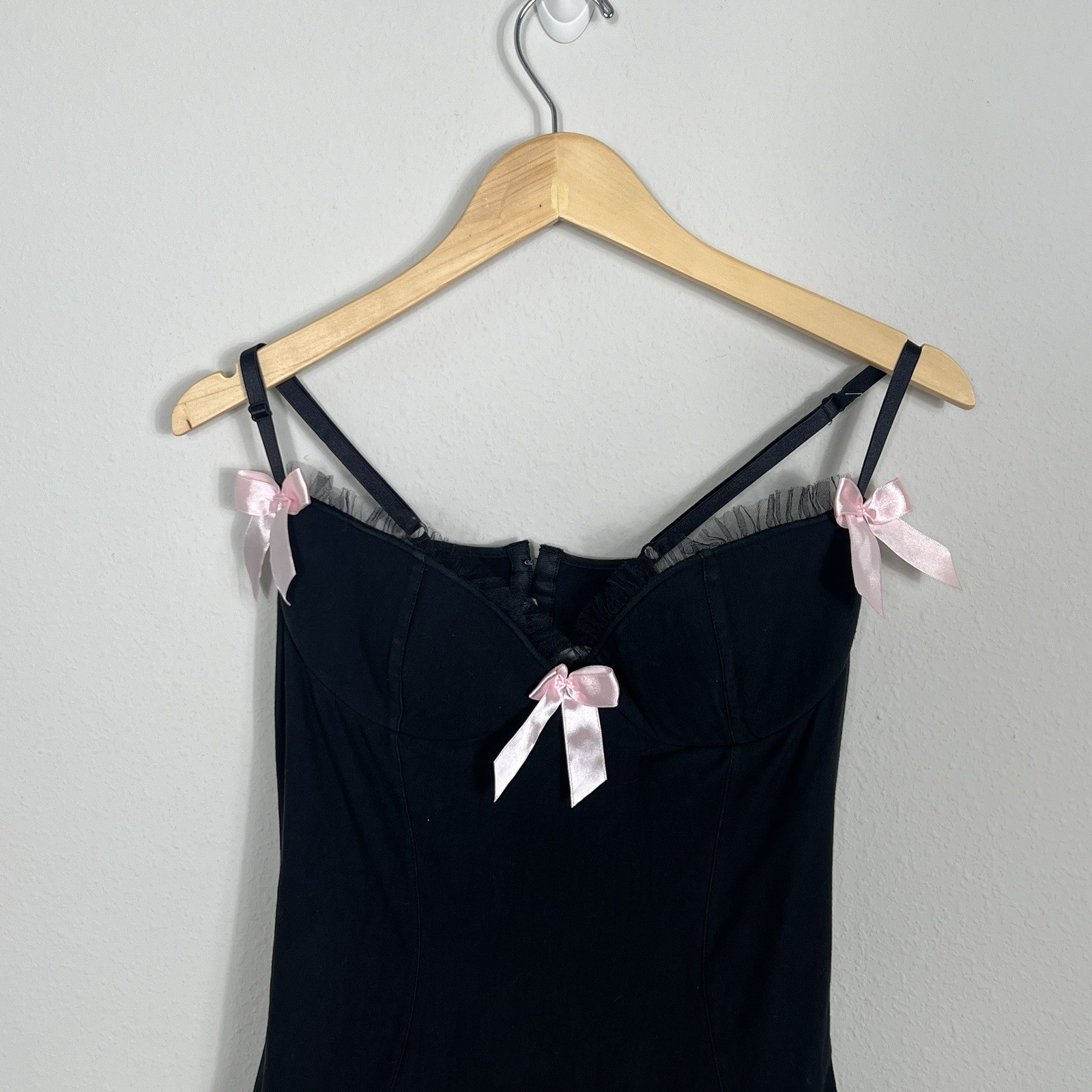 VINTAGE 90s JUST SHIRLEY Black Lingerie Corset Dress Pink Bows Tulle Large