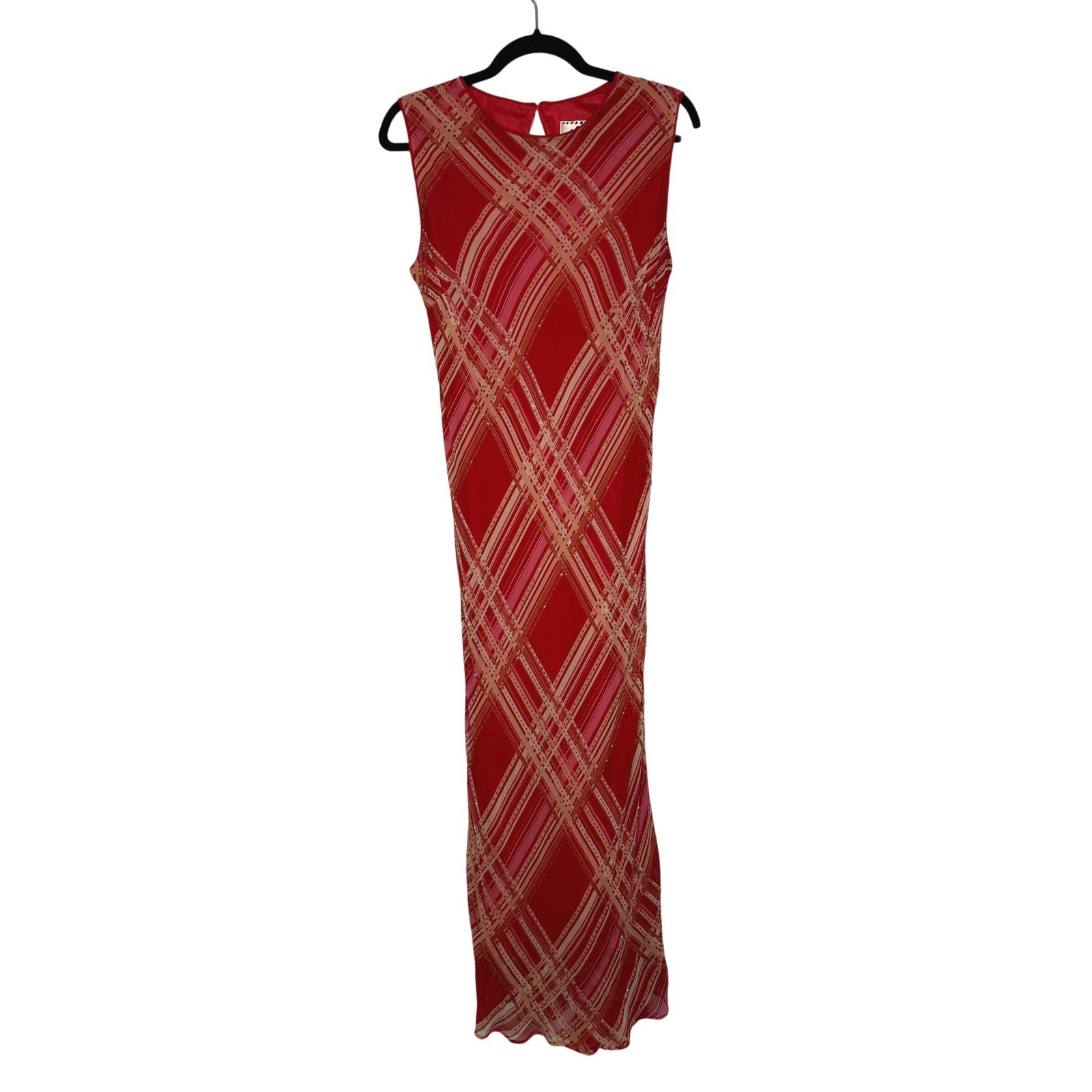 iCE Vintage 90s Y2K 100% Silk Beaded Plaid Slip Midi Dress Red Sleeveless