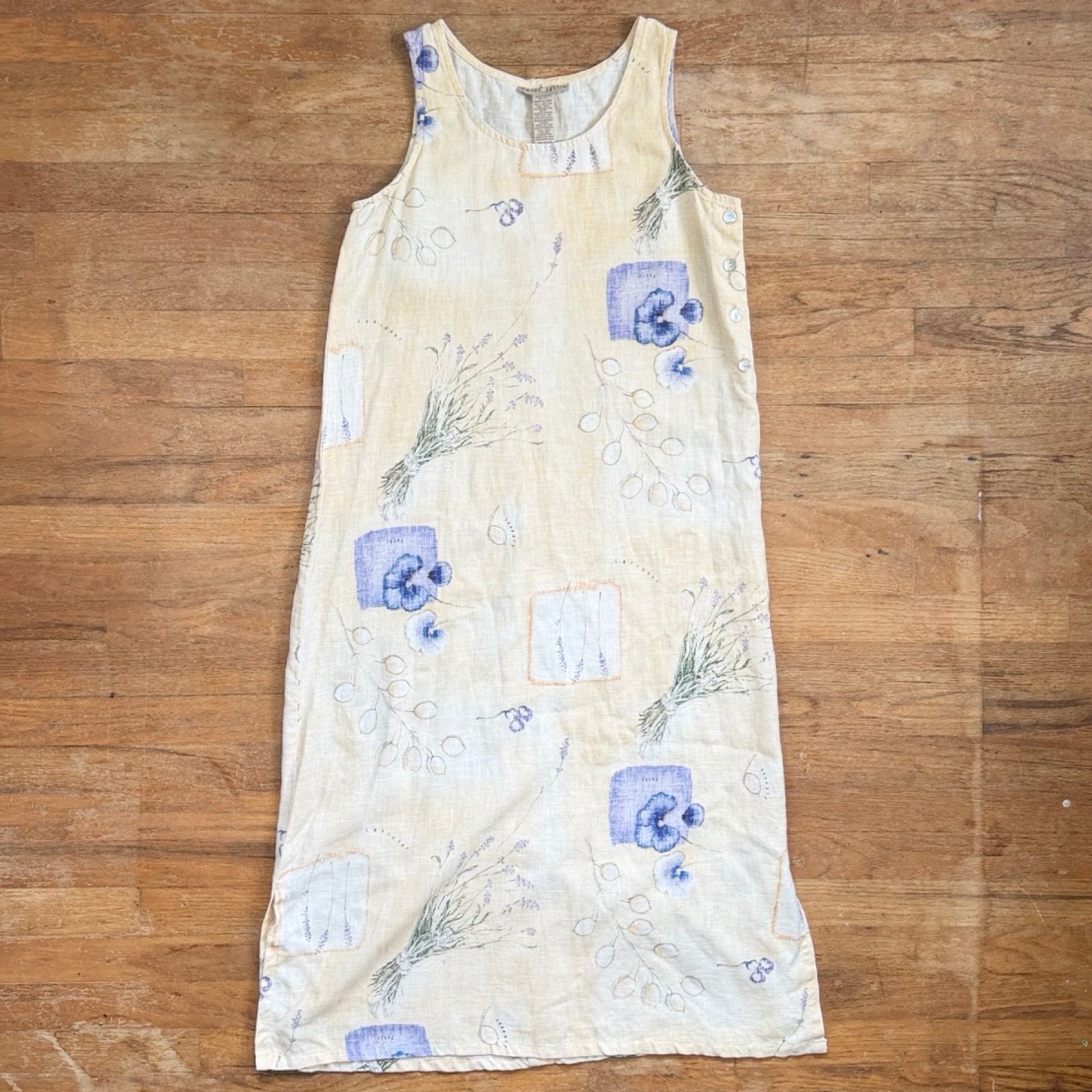Vintage Pansy/Lavender Floral Print Linen Dress Top Set Size Medium 90s Yellow