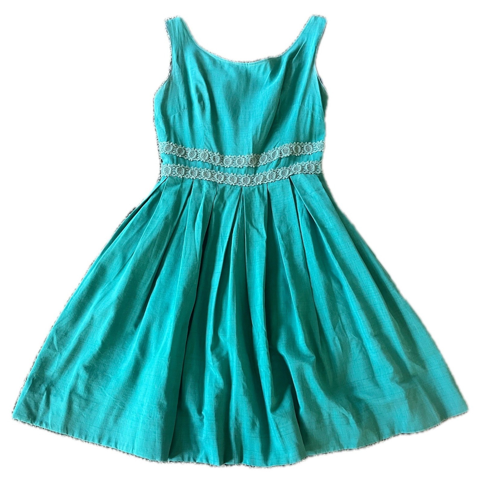 Vintage Teal Blue Pleated Fit Flare Dress Lace Waist Trim MCM 50s 60s Size S
