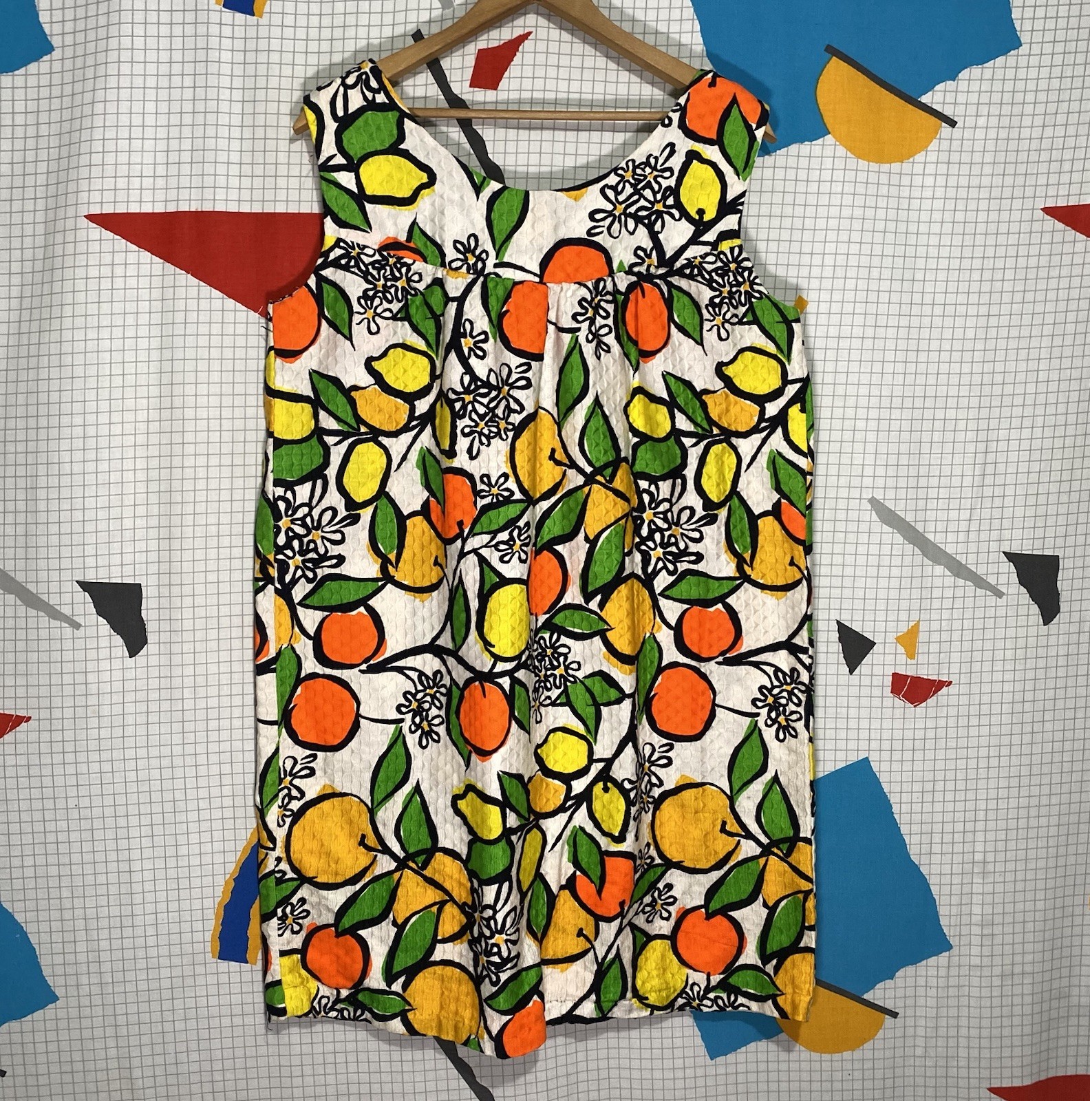 Vintage 60s Fruit Shift Dress Hawaii Mod Gogo Large Cotton Novelty Lemon Orange