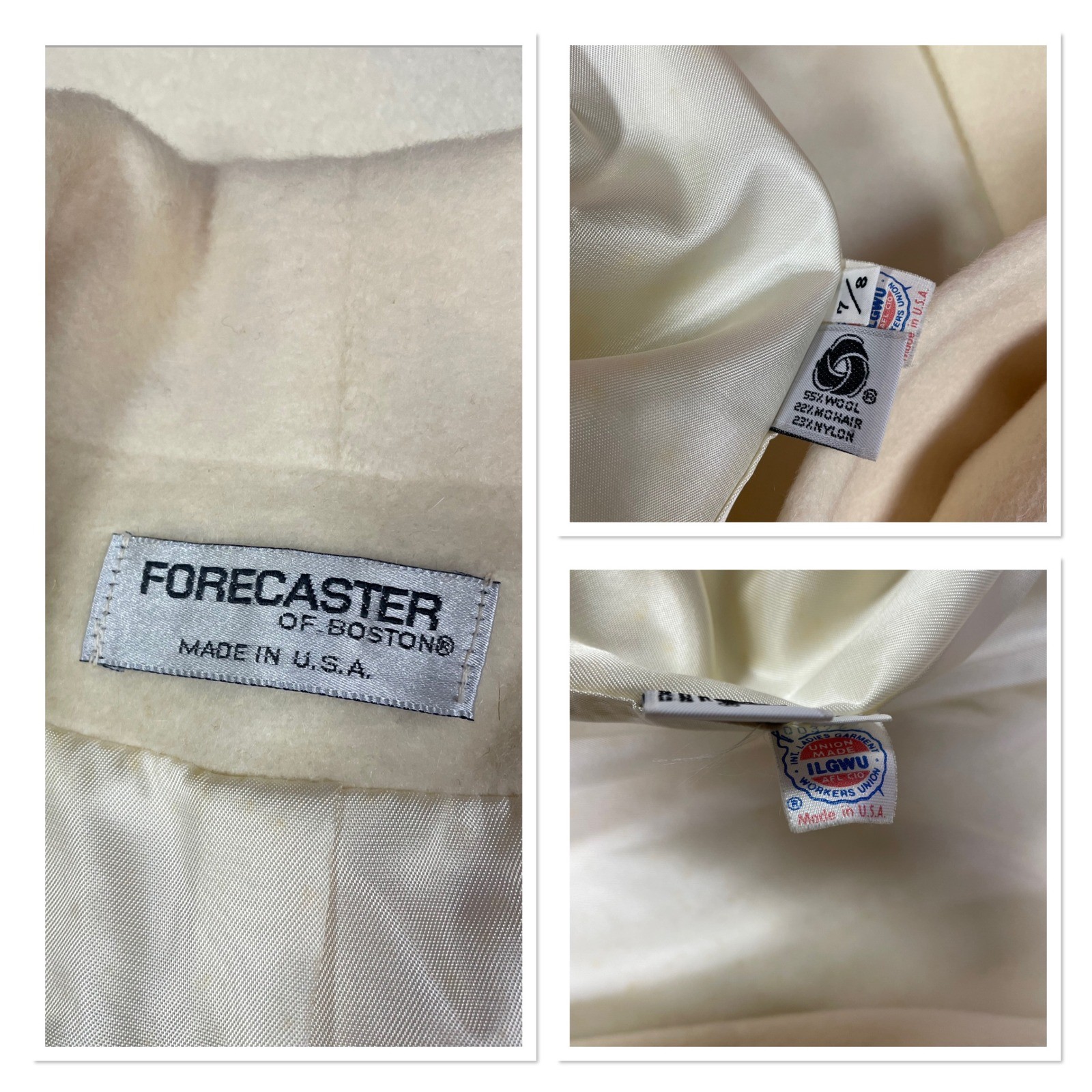 Vtg Forecaster Boston Ivory Wool Mohair Coat Shawl Collar Luxury Career USA 7/8