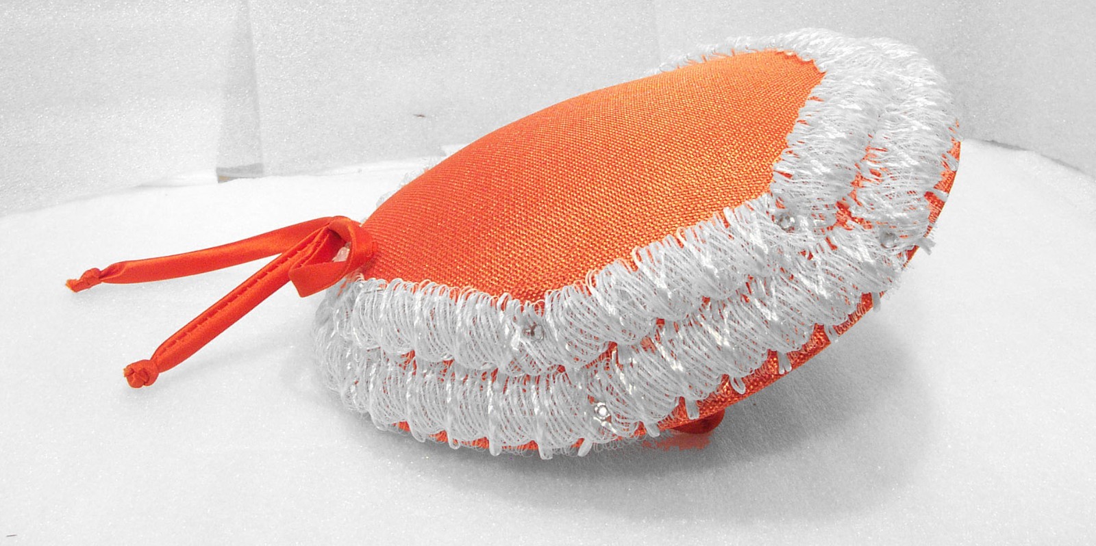 Orange Hat /White Trim with Rhinestones Side Prongs Satin Tie Bow Vintage 50’s