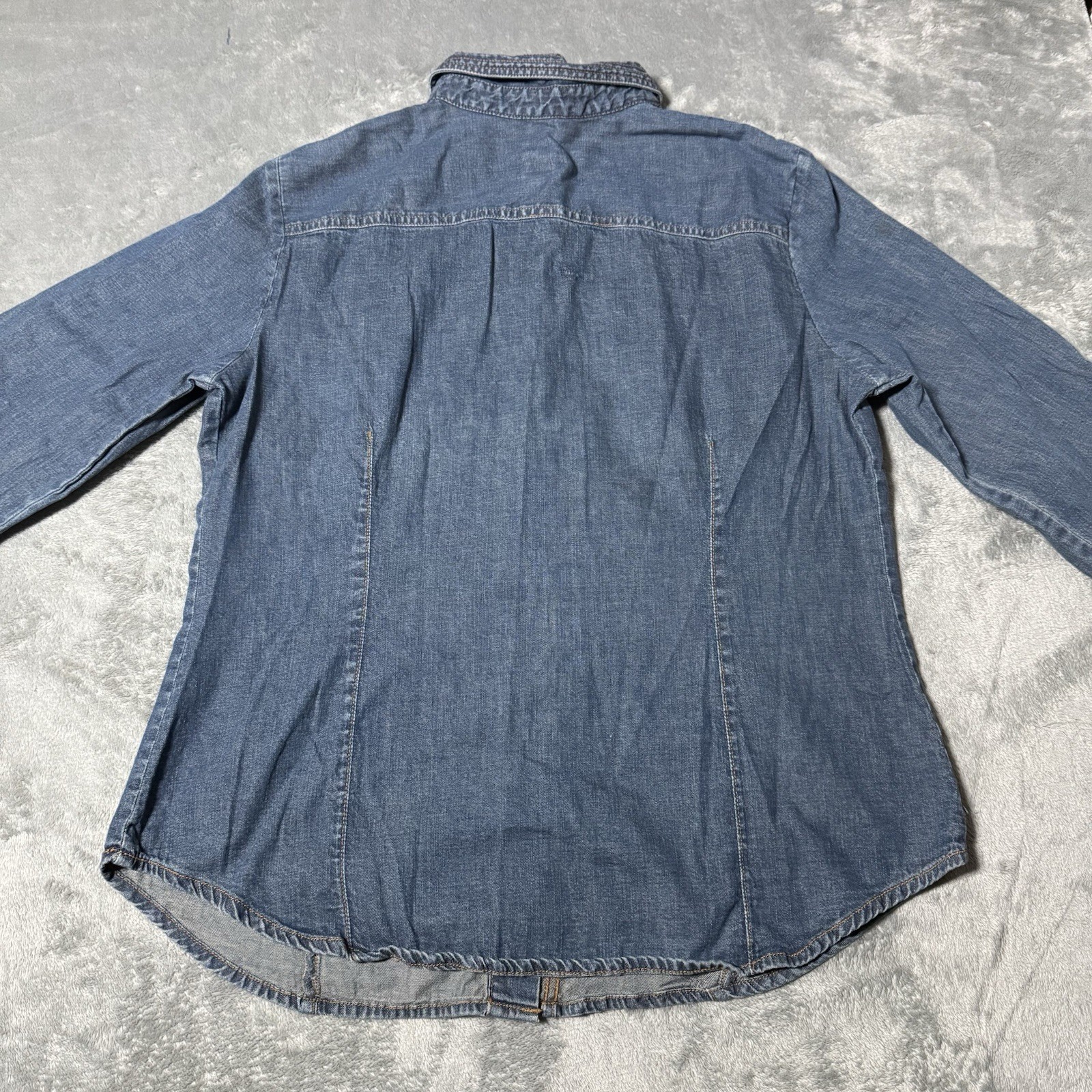 VTG 80s Womens Denim Sharp Collar 3/4 Sleeve Button Snap Shirt Size L 21×27
