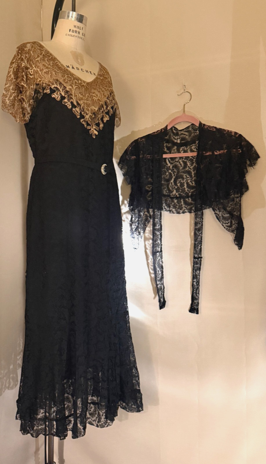 Vtg 1930s HOLLYWOOD DECO DRESS, 2 pc, ELABORATE ALENCON LACE w/ ILLUSION BODICE