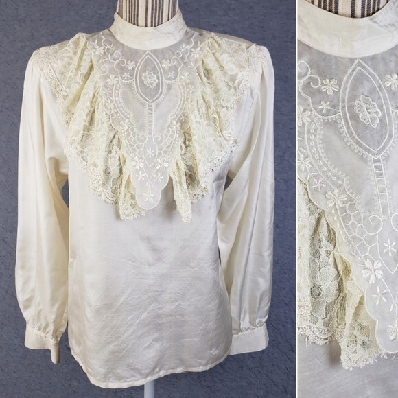Vintage Carry Back Silk Blouse Victorian Lace Collar Bib Jabot Cream sz 4/6 Boho