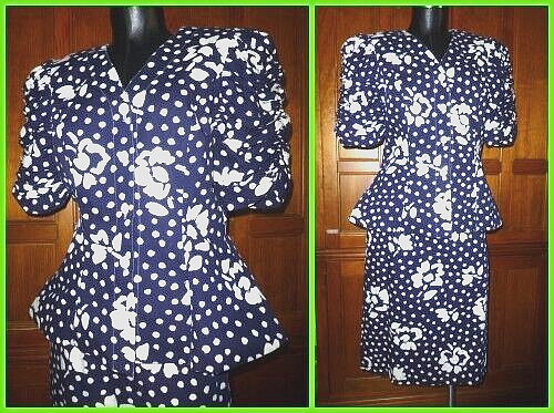 Vtg 80s R&K Originals Navy Polka Dot Floral dress Peplum Jacket Skirt SET sz 12