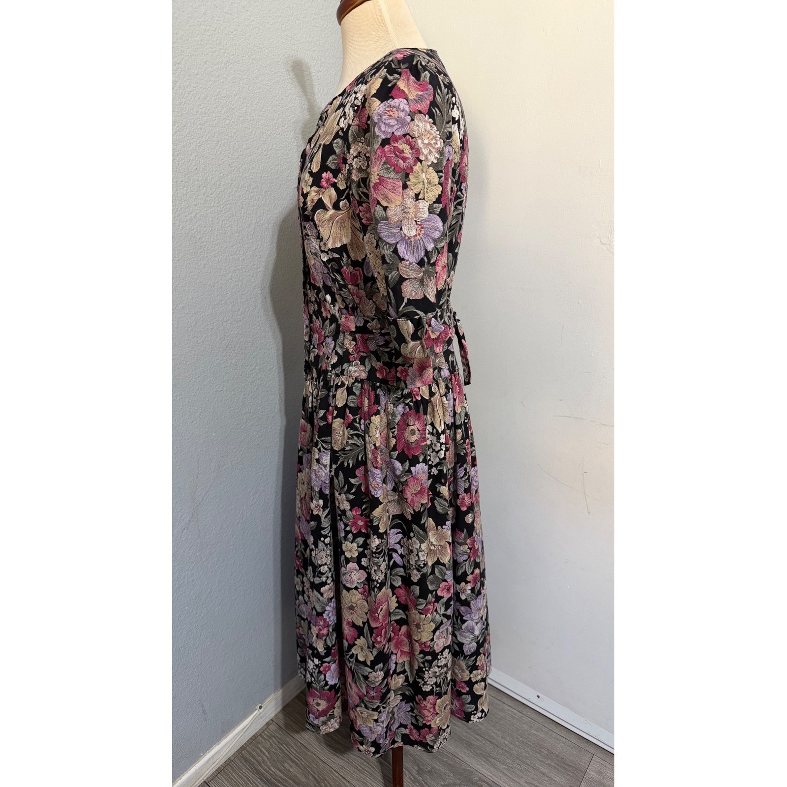 Miss Dorby Vintage 90s Floral Midi Dress L Black Purple Button Front USA Made