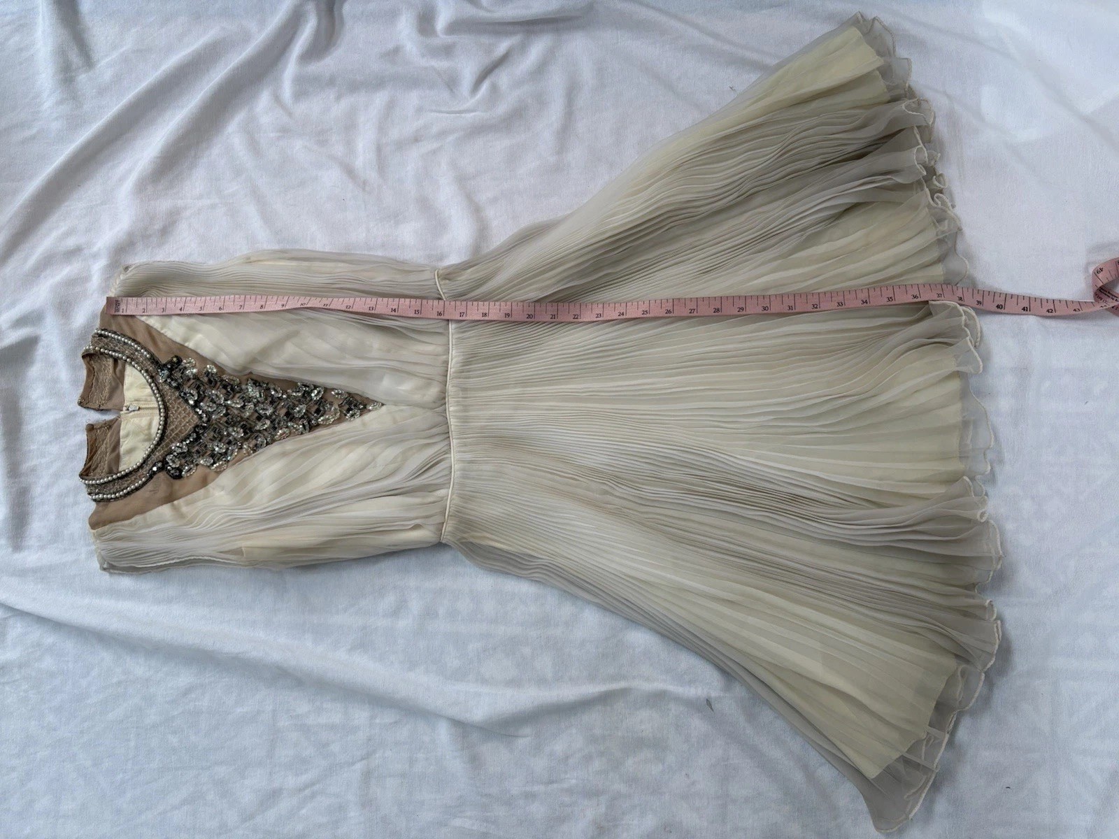 Vintage 60s Jack Bryan Ivory Beaded Pleated Ruffle Cocktail Dress Gatsby S/M