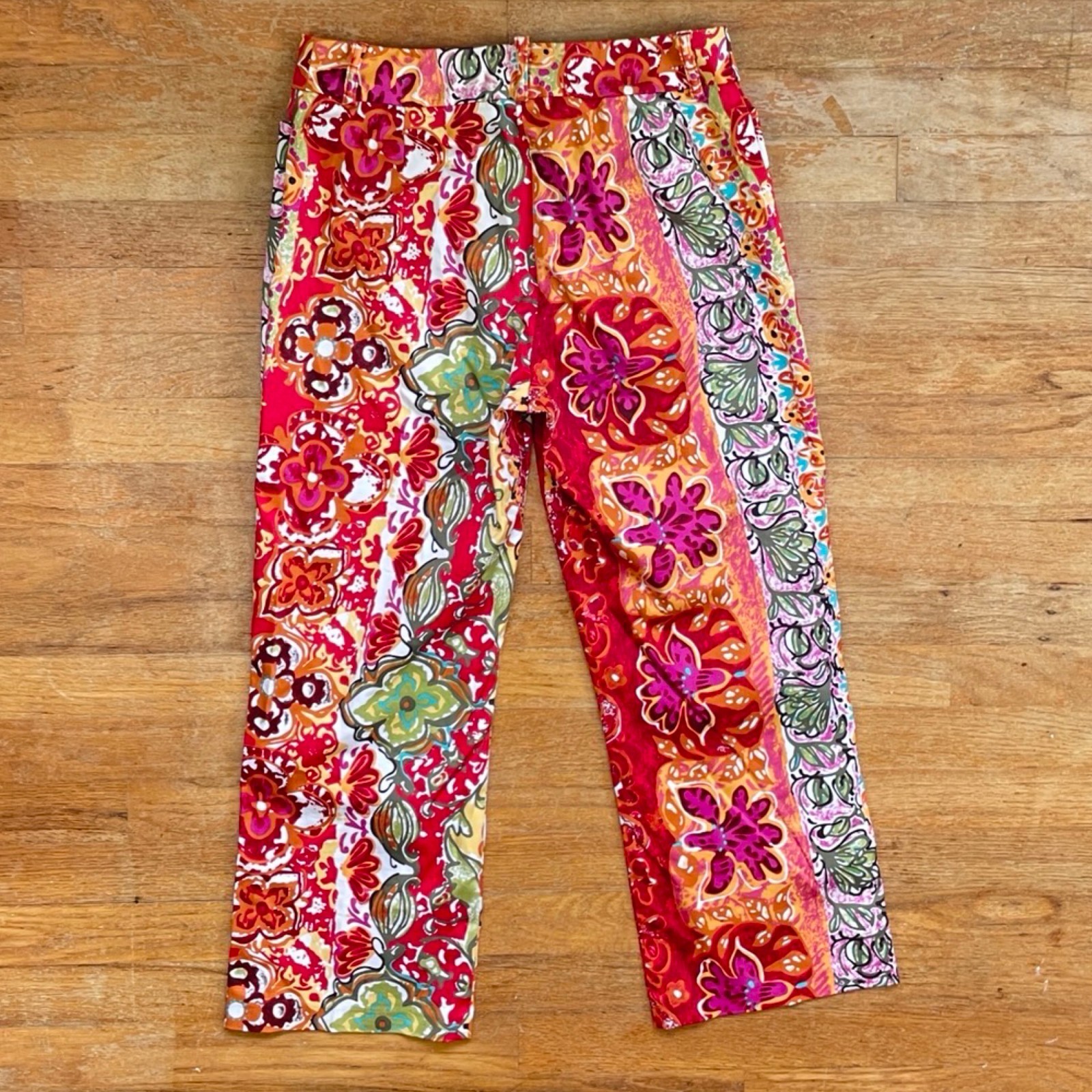 Vintage Floral Print Pants Size Medium 29″ Waist Y2K Colorful Cotton Cropped