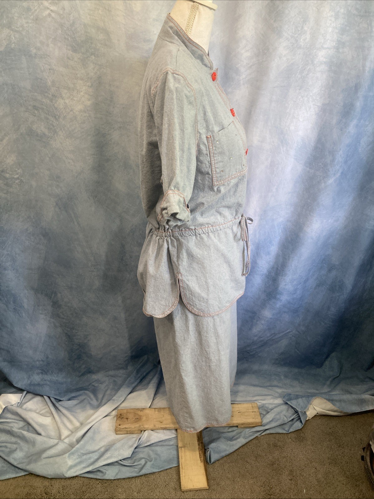 Vtg 80s Utility Blouse Midi Skirt Set Red Contrast Chambray Safari Separates 10