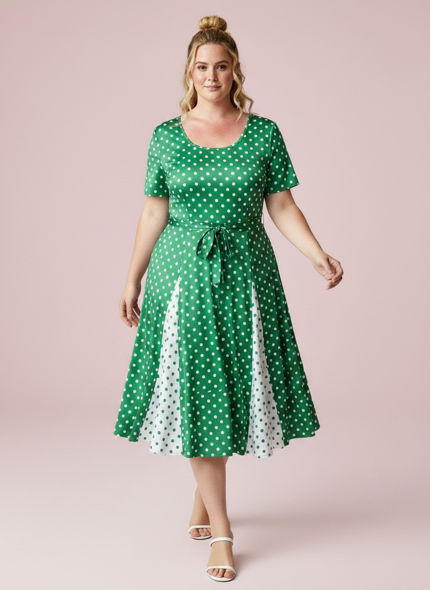 Vintage 70s Unworn size XL Midi Dress Green Spots Fit & Flare 'Osti’ tags