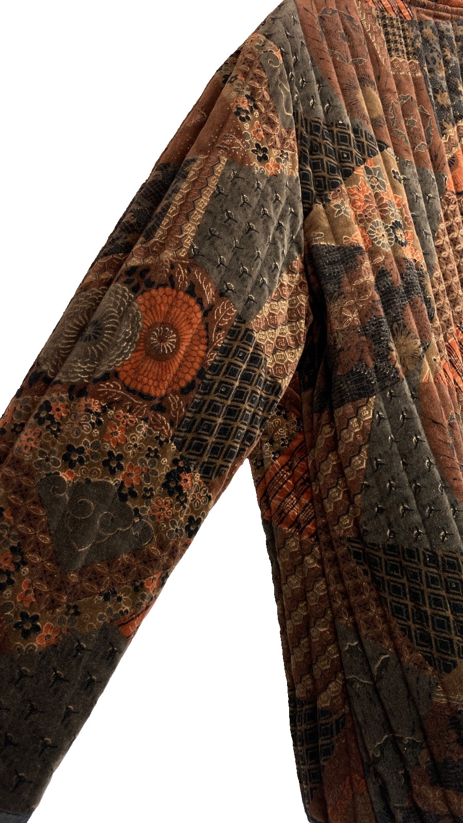 Vintage 1970s brown velveteen jacket open floral patterned cotton patchwork rust
