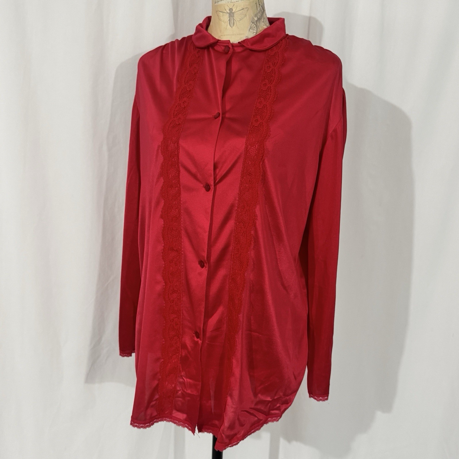 VTG NANCY KING Lingerie Bed Jacket Blouse Sz M Red Lace Peter Pan Collar Sleeves