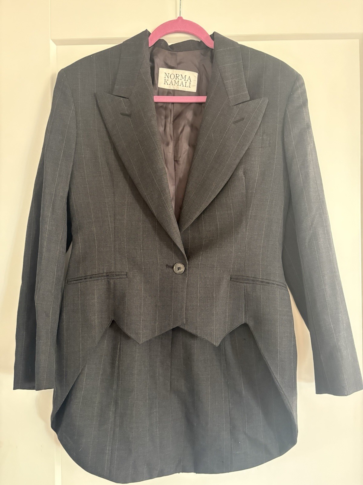 Vintage Norma Kamali Tailcoat Blazer Womens 8 Pinstripe Wrap Tuxedo Jacket
