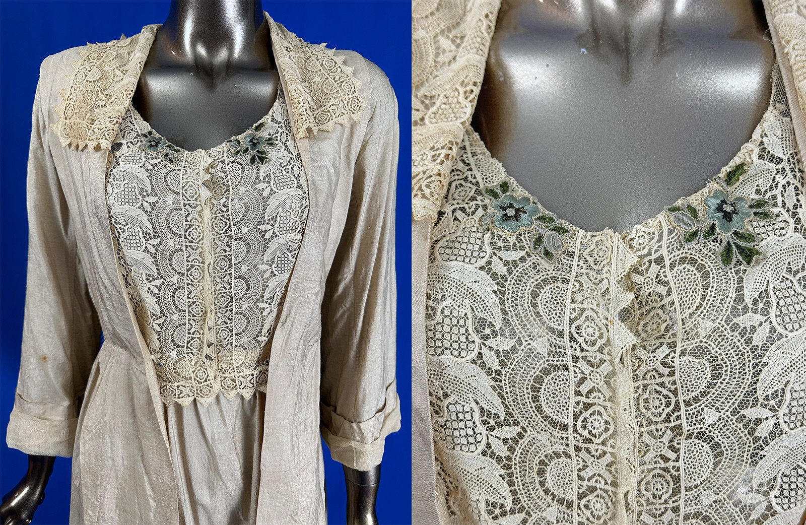 Vintage Edwardian Pongee Silk Needle Lace Trim Top Watteau Back Gown Tea Dress