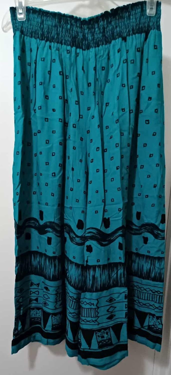 VINTAGE MACYS CHOON CALIFORNIA WOMEN’S SKIRT SUIT SZ 14 TEAL W/ BLACK GEO DESIGN