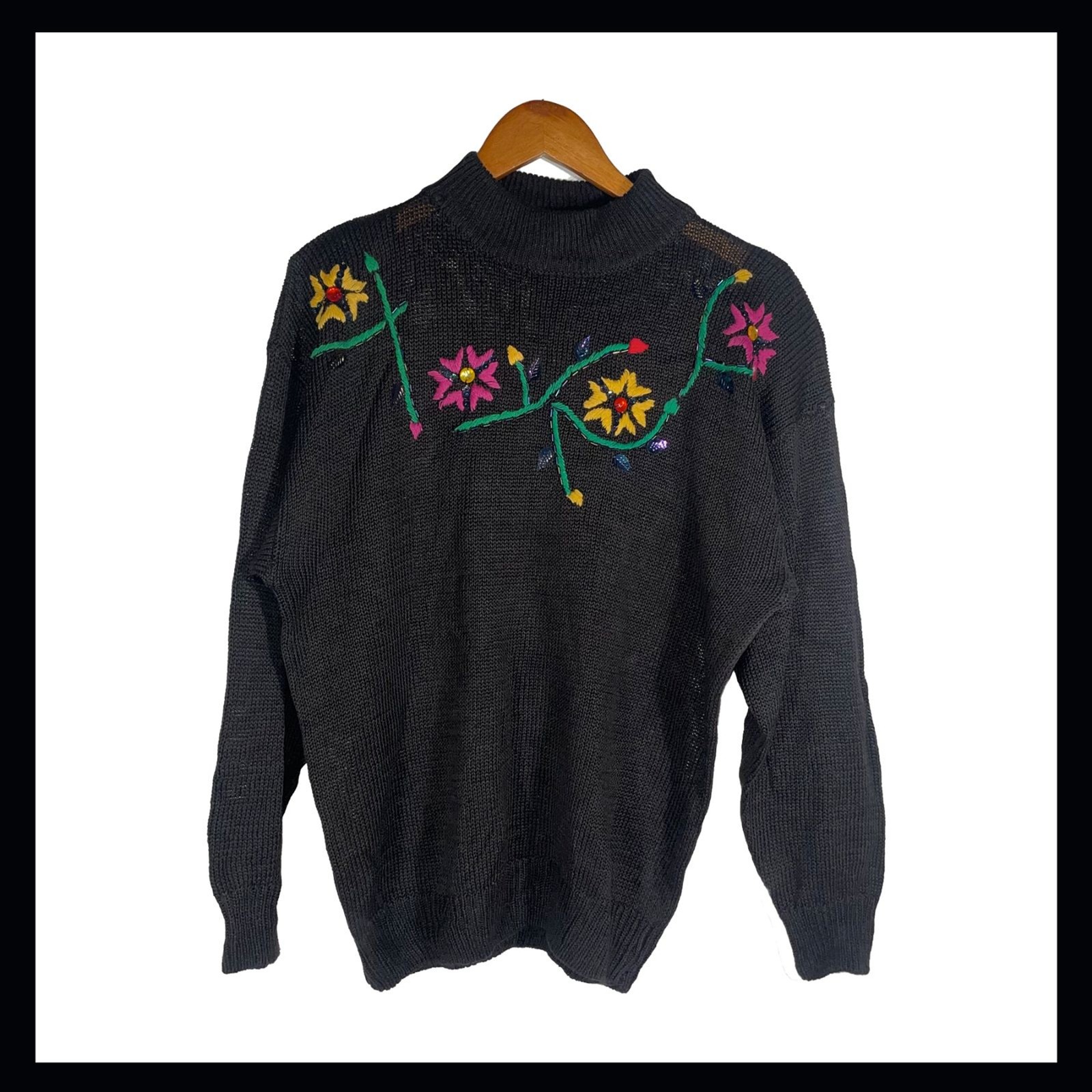 Vintage Basket of Yarn Embroidered Sweater Ramie Cotton Black Floral Size L