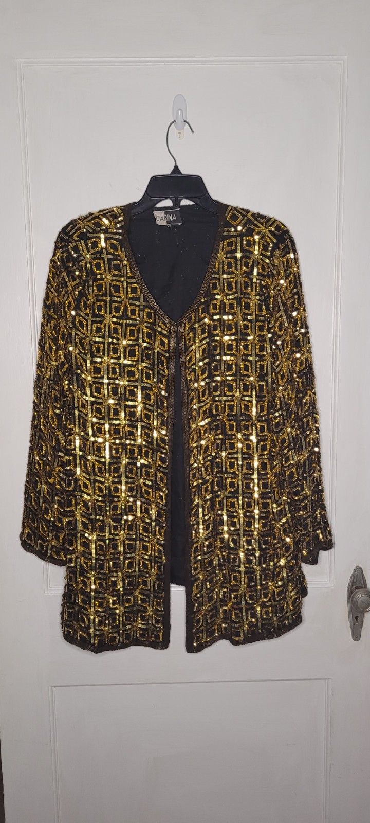 Vintage Carina Silk Gold Sequin Long Line Blazer Womens Size X2