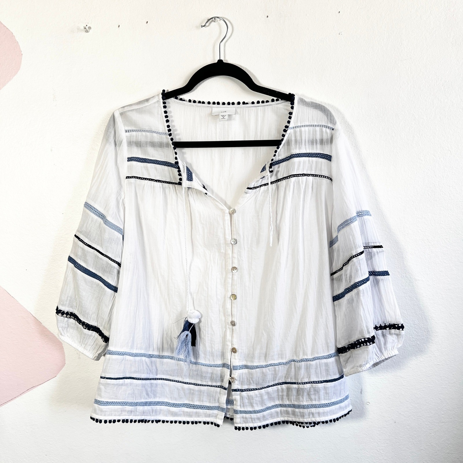J Jill Peasant Top Sz Medium Boho Western Embroidered Tassel Ties
