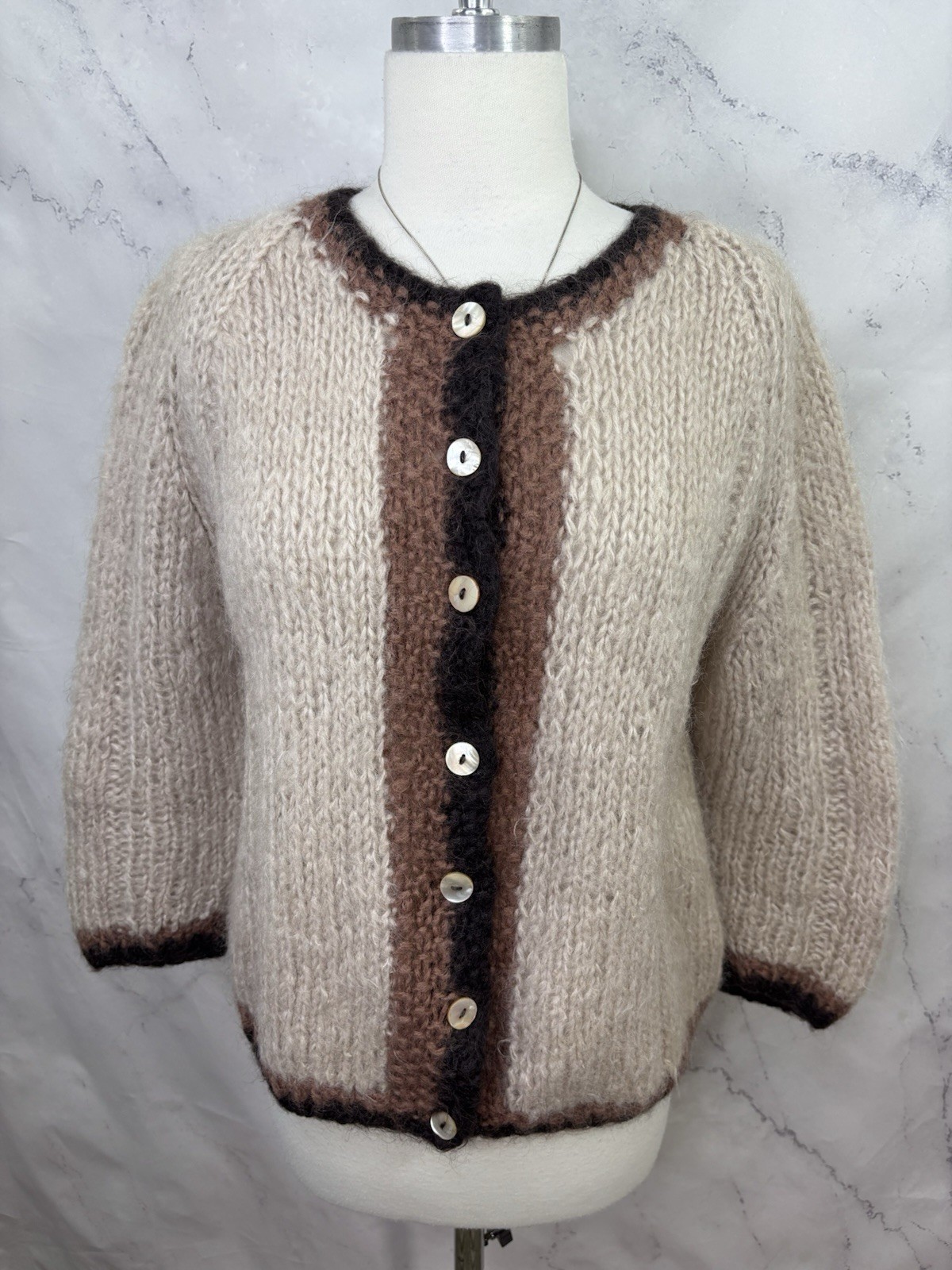 Vtg 70s 60s Famelia Italian Mohair Wool Chunky Cardigan Sweater Hand Knit Retro