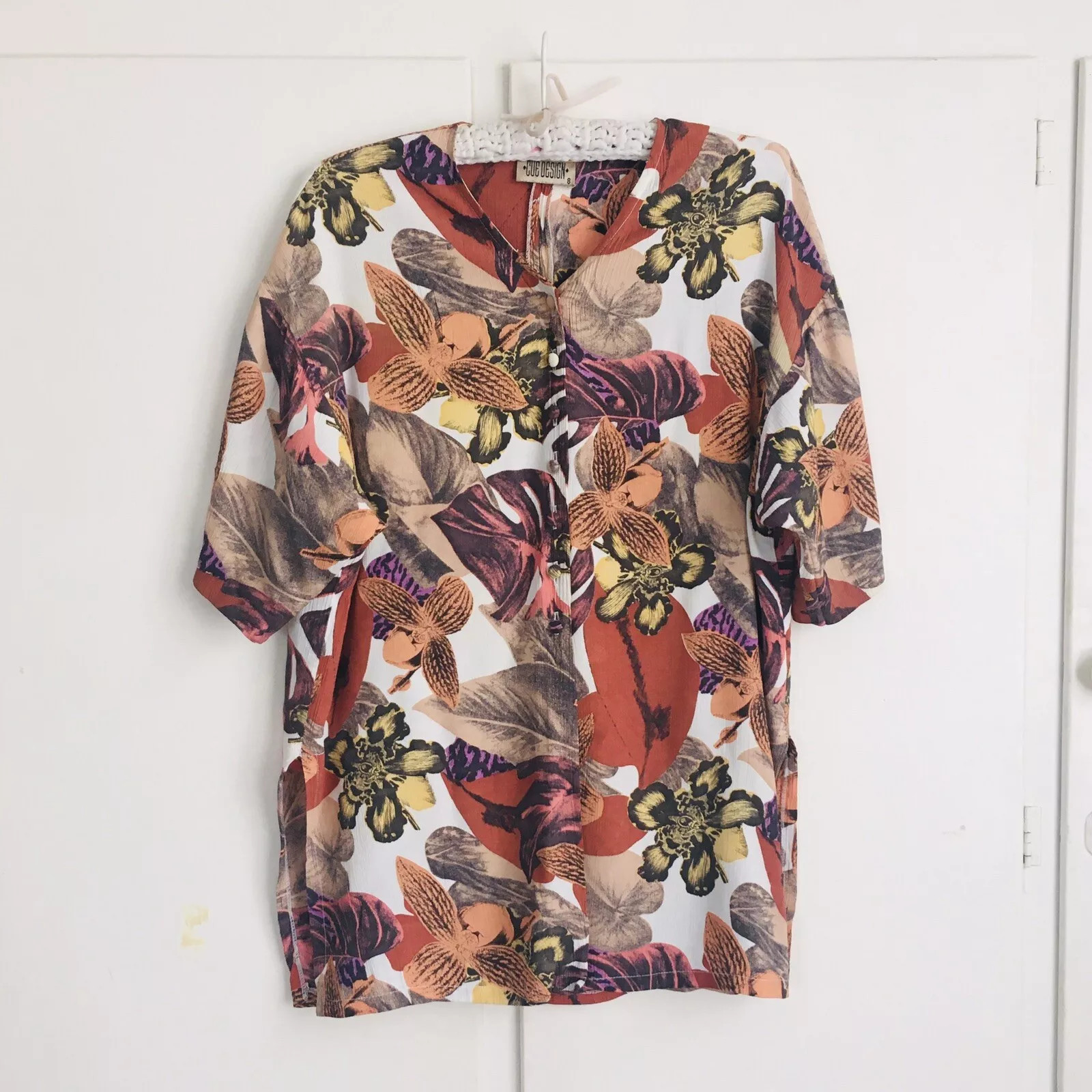 Vintage 90s CUE Design Blouse Top Small Brown Floral