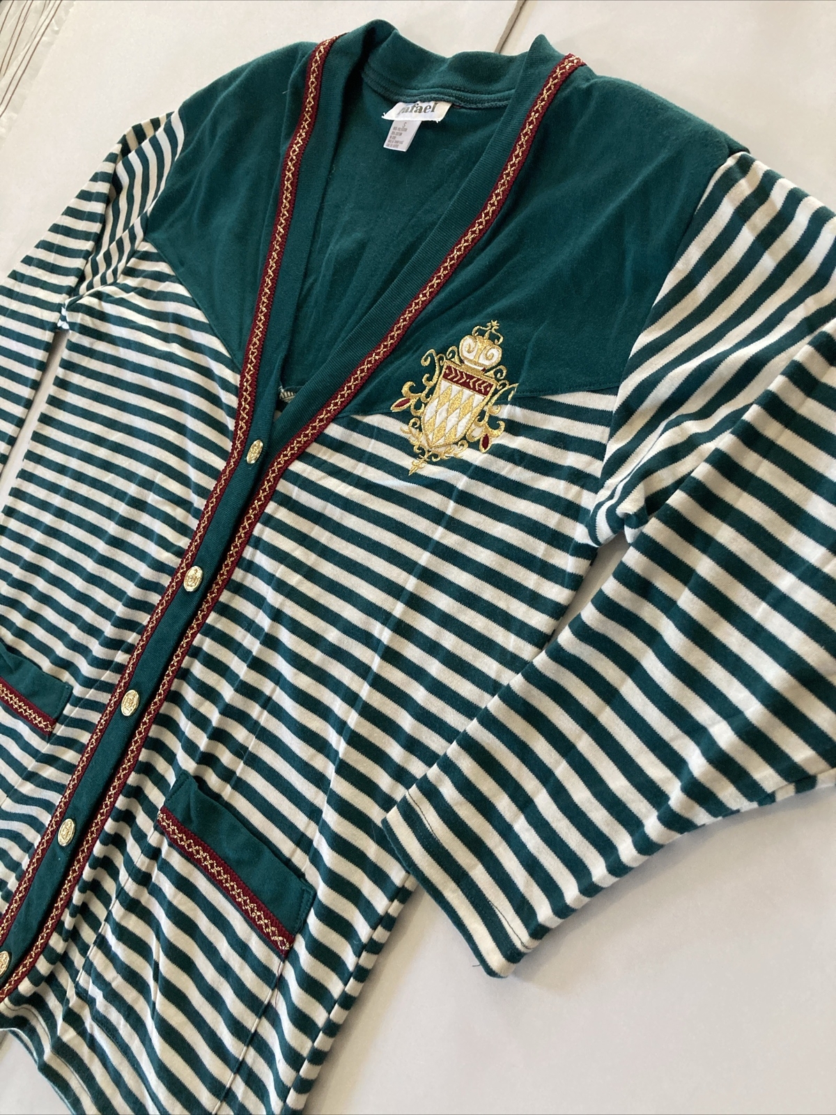 VTG Rafael Woman’s Sz S Button Up Green Stripe Cardigan 3/4 Sleeve