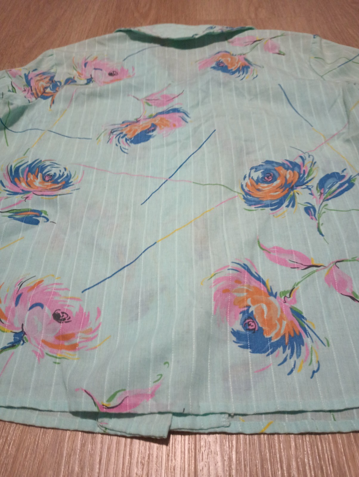 Vtg 80s Green Blue Shawl Collar Button Up Blouse Top new wave kitsch paint M L