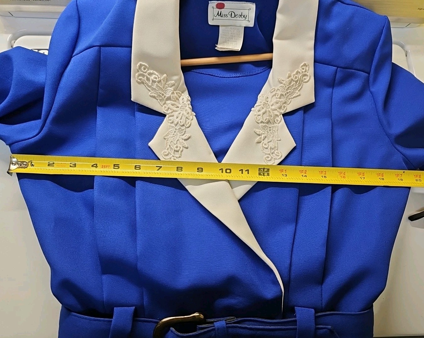 Vtg Miss Dorby Blue & White Double Breasted Belted Blazer Dress 12 P USA ILGWU