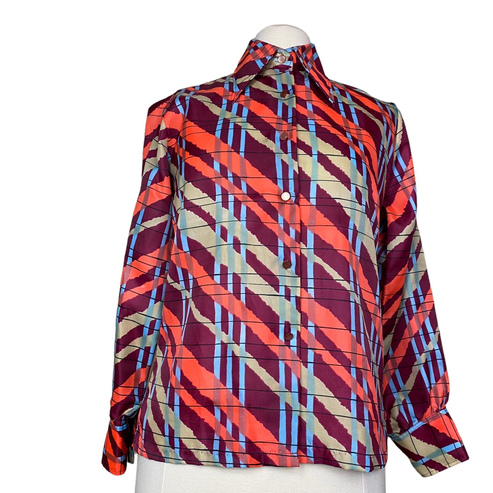 VTG 70s Blouse Striped Secretary Groovy Dagger Collar Button Women’s Sz 36 S/M
