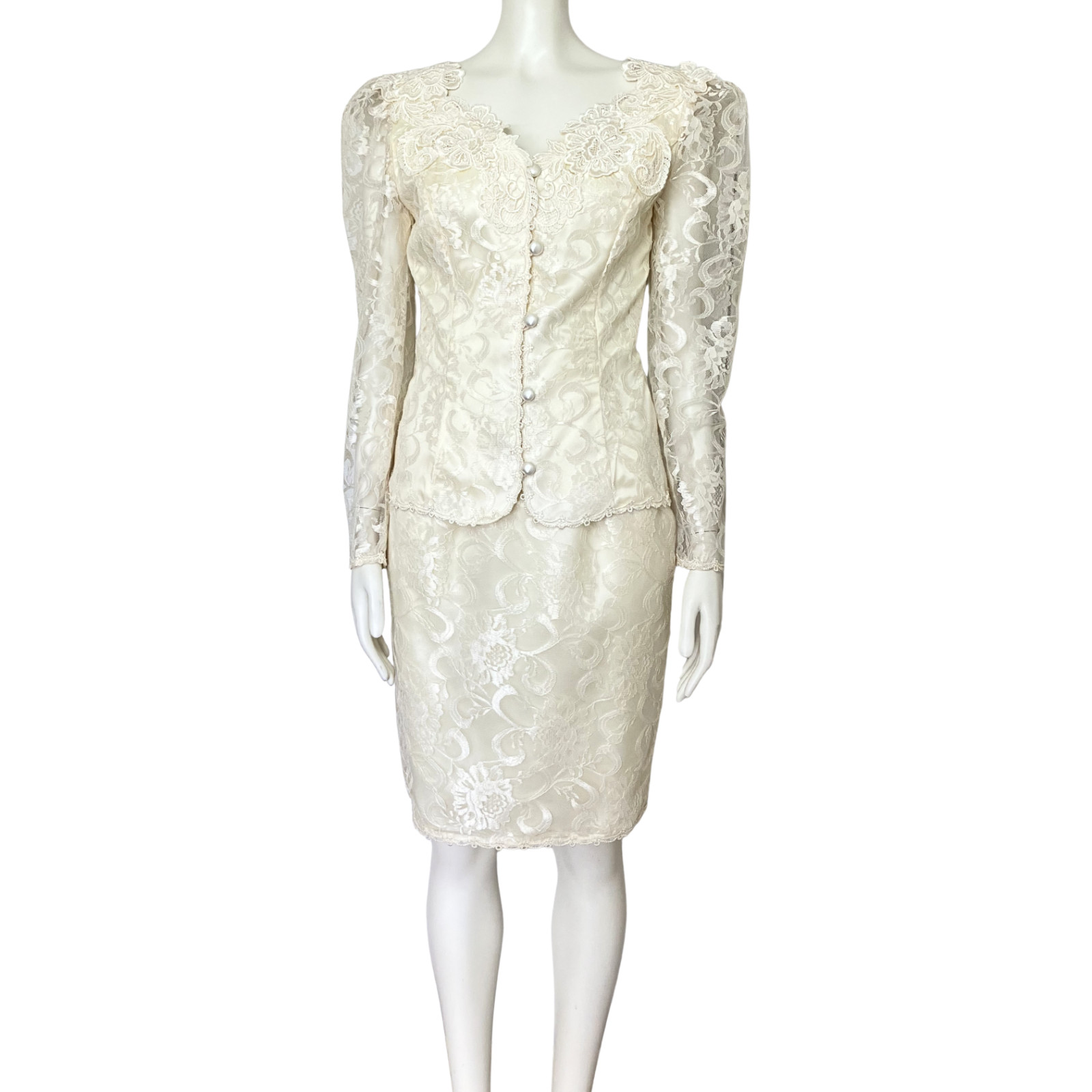 Vintage 80s Scott McClintock Ivory Lace Wedding Skirt Suit Set. XS 4. Bridal