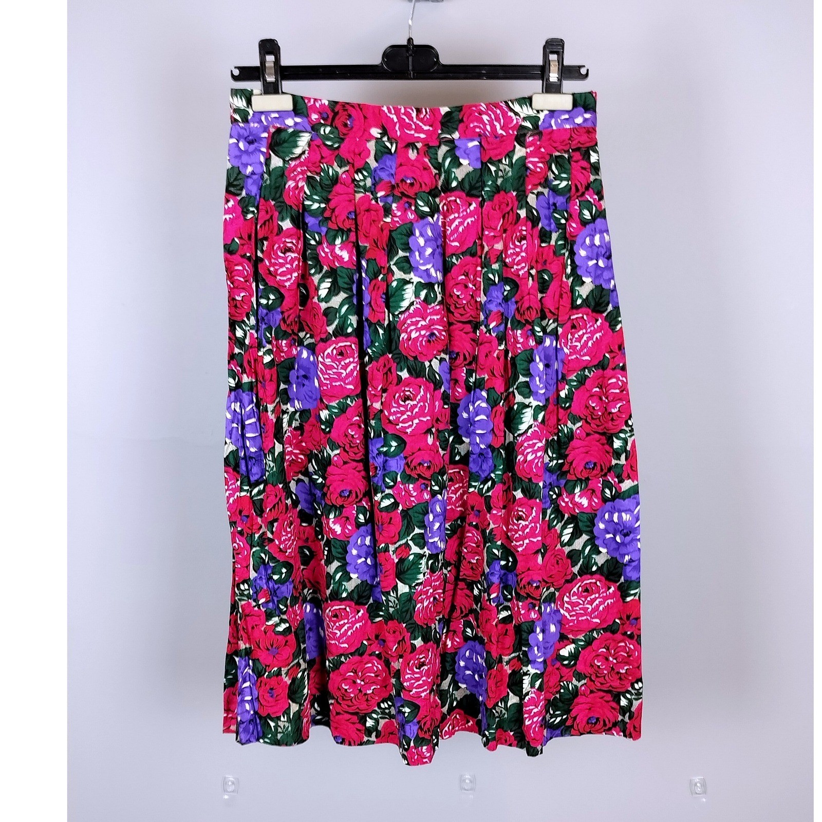 Vintage Koret Viscose Pleated Floral Midi Skirt Size 8 Pink Purple Rose Print