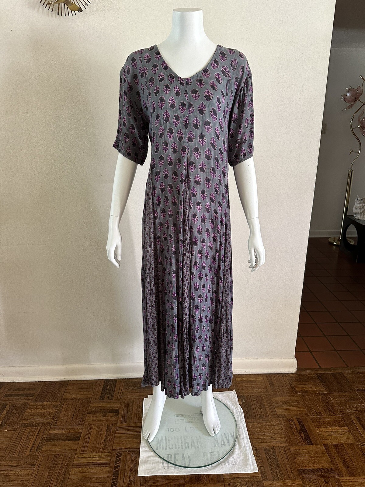1990s Indian Block Print Rayon Gauze Tie Back Dress Grunge Floral Punk M 90s VTG