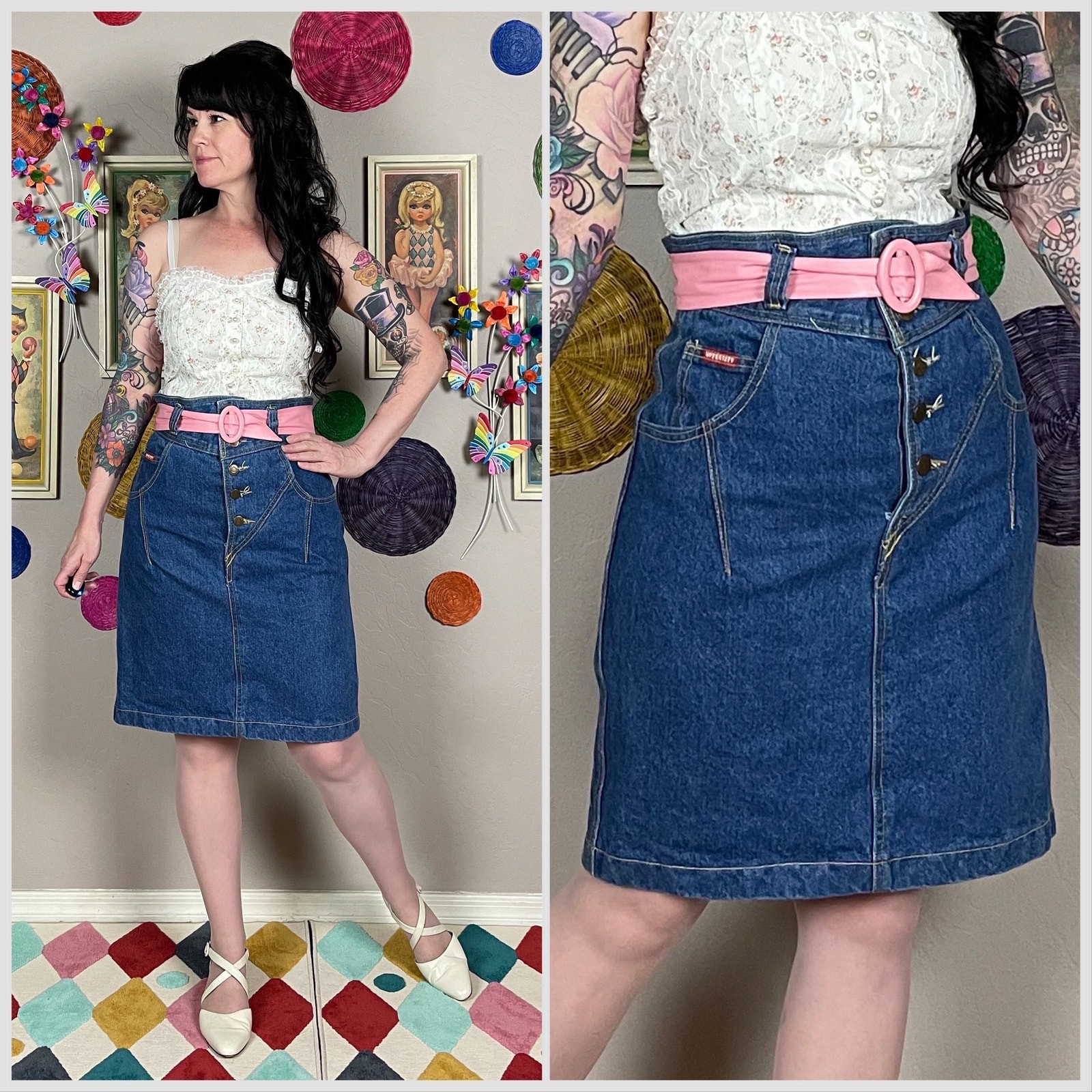 Vintage 1980s High Waist Mini Denim Jean Miniskirt | 32″ Waist
