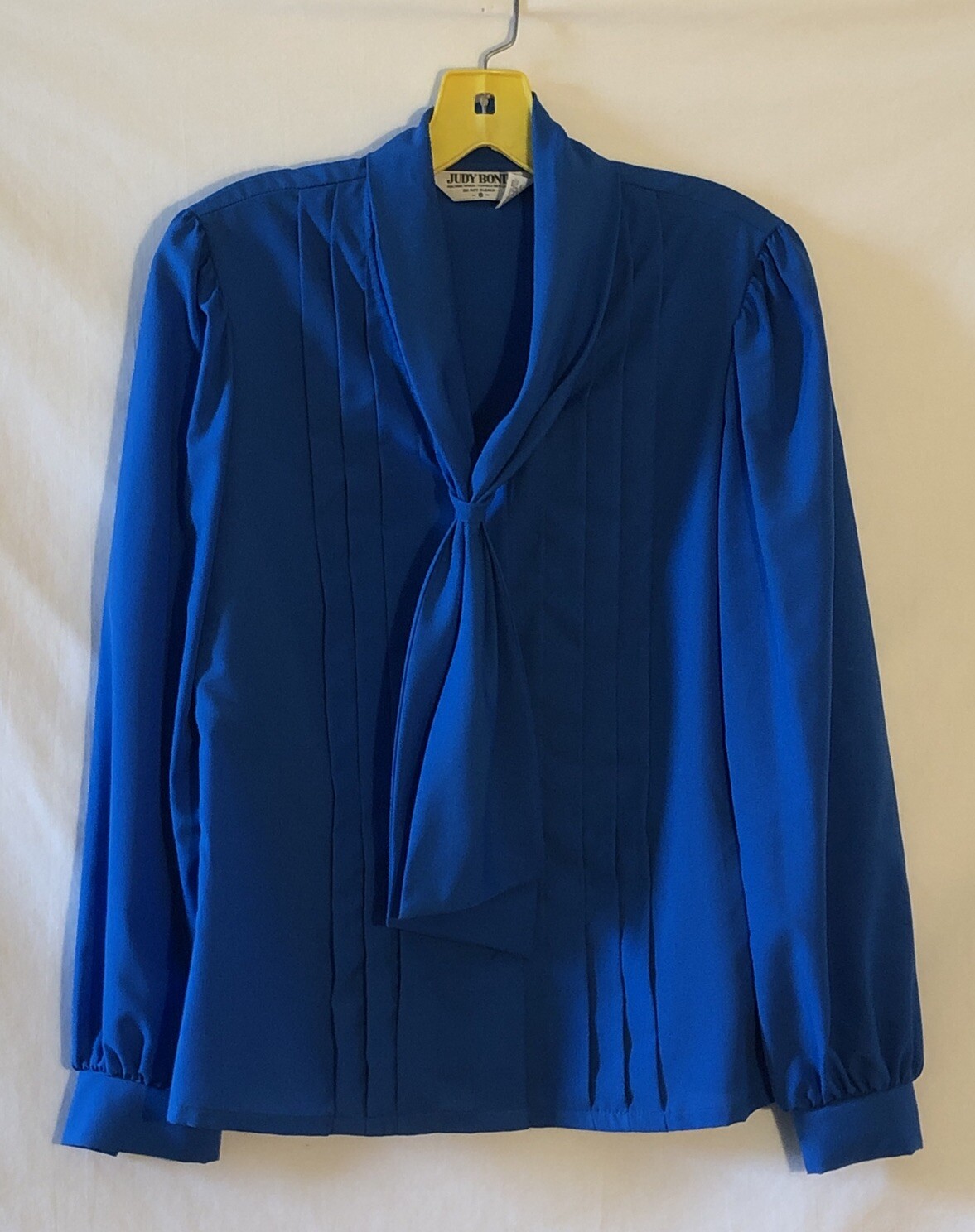 Vtg Judy Bond Womens Sz 8 Royal Blue Polyester Button Up Blouse Neck Tie Collar
