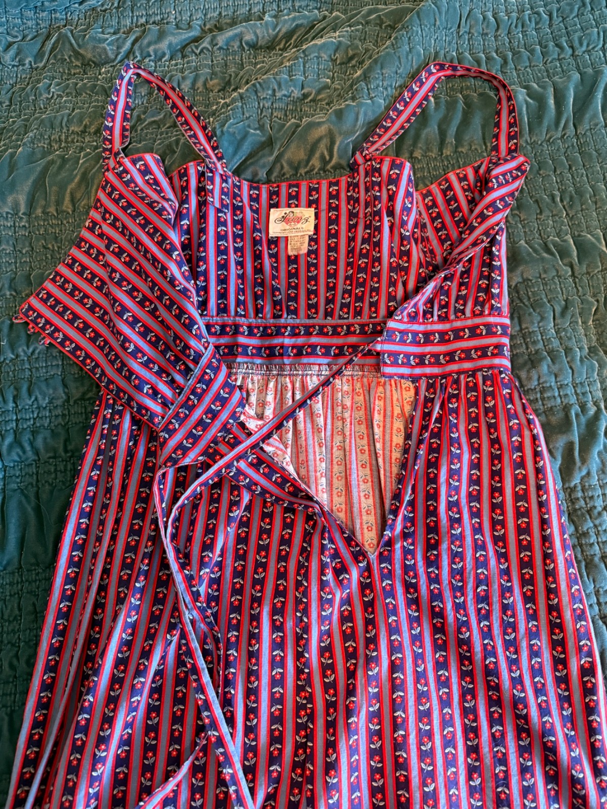 Vintage LANZ ORIGINALS Retro Red And Blue 1960s Striped Floral Wrap Dress Sz S