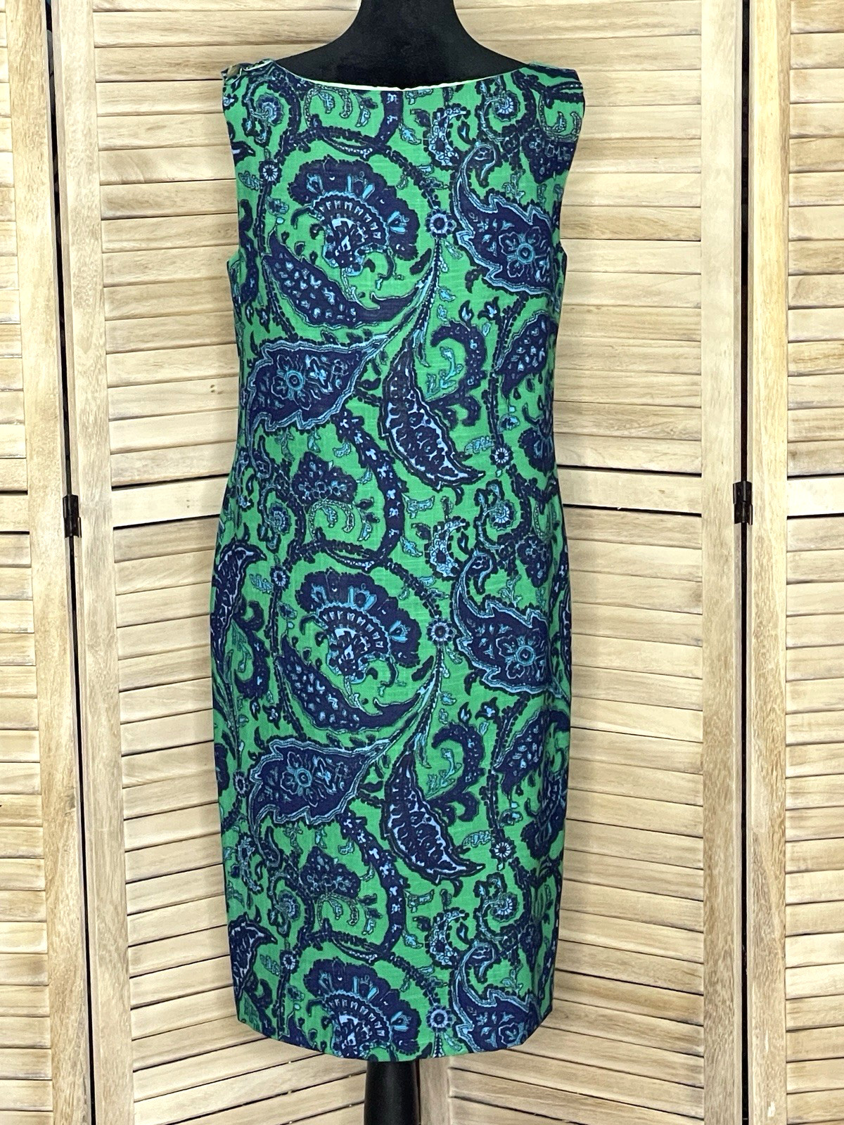 Vintage Loubella Originals Sheath Dress Bold 60s Lime Green and Navy Paisley *10