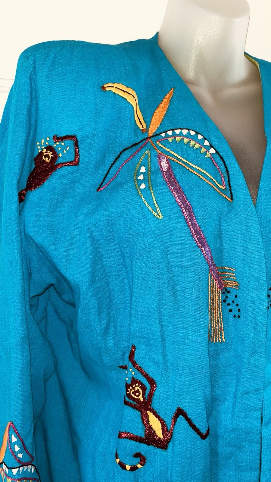 Vintage IRENE PULOS Turquoise Embroidered Monkeys Tlaquepaque Mexico Jacket Sz M